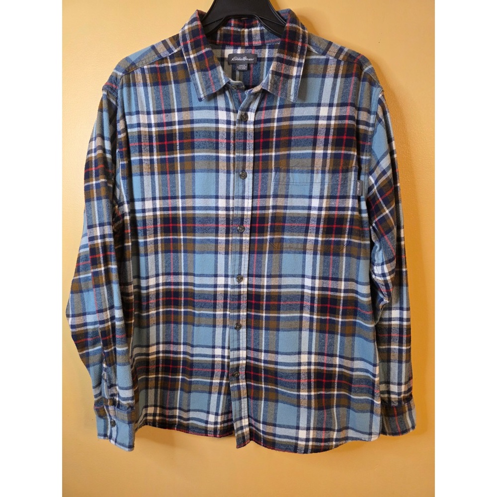 Eddie Bauer Mens XXL Blue Plaid Flannel Button Down Shirt Cotton EMT2245